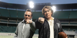 Nicolas Cage as John Madden and Christian Bale as Al Davis in Madden movie 2026 showing Super Bowl rings on football field