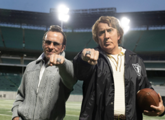 Nicolas Cage as John Madden and Christian Bale as Al Davis in Madden movie 2026 showing Super Bowl rings on football field