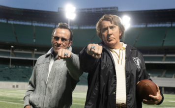 Nicolas Cage as John Madden and Christian Bale as Al Davis in Madden movie 2026 showing Super Bowl rings on football field