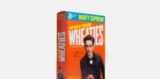Marty Supreme Wheaties cereal box featuring Timothee Chalamet in black outfit juggling ping pong ball with paddle