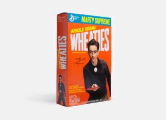 Marty Supreme Wheaties cereal box featuring Timothee Chalamet in black outfit juggling ping pong ball with paddle