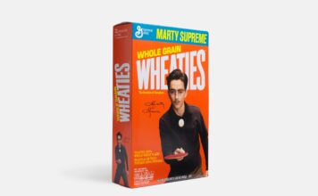 Marty Supreme Wheaties cereal box featuring Timothee Chalamet in black outfit juggling ping pong ball with paddle