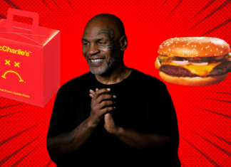 Elite Athletes Who Lead the Plant-Based Revolution in 2025 Mike Tyson smiling with hands clasped against red background with Mr. Charlie's burger box and cheeseburger