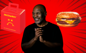 Mike Tyson smiling with hands clasped against red background with Mr. Charlie's burger box and cheeseburger