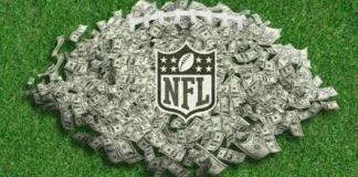 NFL logo surrounded by money on football field representing 30 billion dollar sports media rights deals