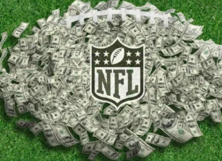 NFL logo surrounded by money on football field representing 30 billion dollar sports media rights deals