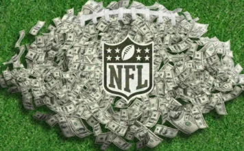 NFL logo surrounded by money on football field representing 30 billion dollar sports media rights deals