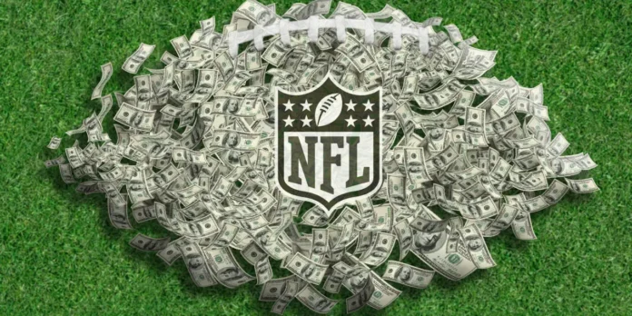NFL Sports Media Rights Revenue Growth NFL logo surrounded by money on football field representing 30 billion dollar sports media rights deals